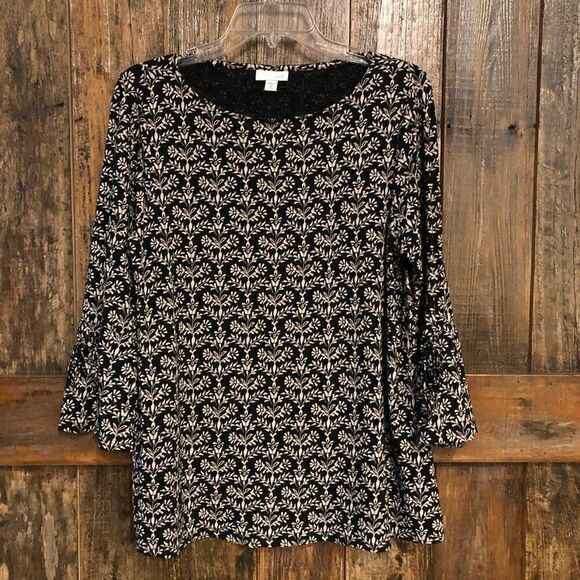 J. Jill Sz M Black Beige Floral Relaxed Fit Flared Sleeves Casual Workwear Top - Picture 2 of 7